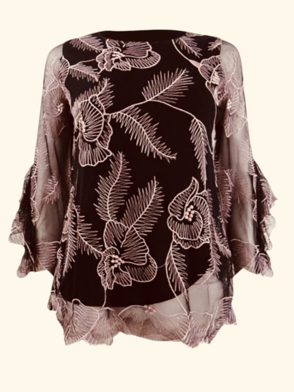 Alfani Black Sheer Floral Embroidered Blouse Bell Sleeve Top Size M - Picture 2 of 11